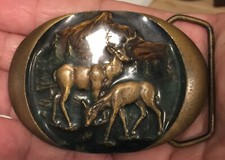VINTAGE 1982  DEER IN MOUNTAIN FOREST  COMMEMORATIVE ART BELT BUCKLE