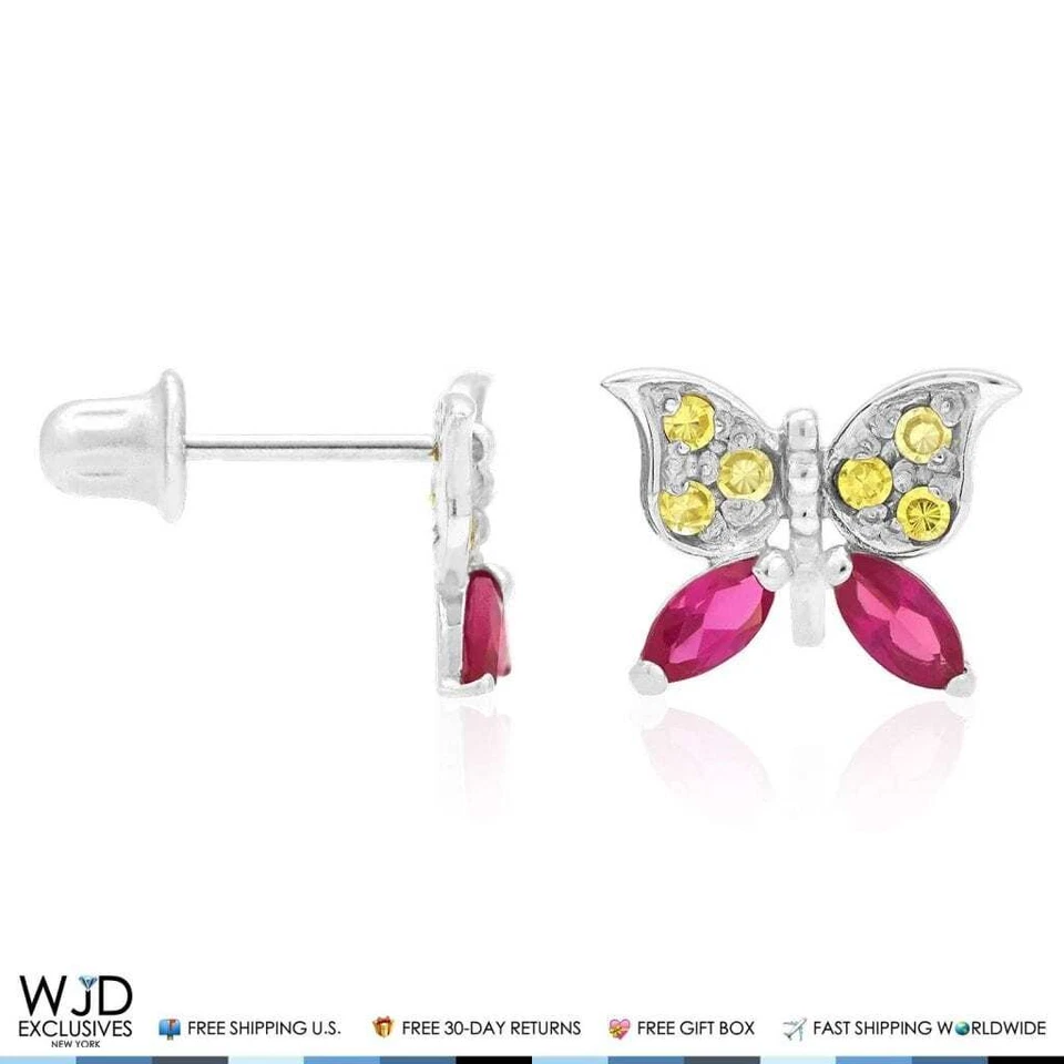 14K White Gold Citrine & Ruby Butterfly Screwback Stud Kids Earrings - Image 2 of 4