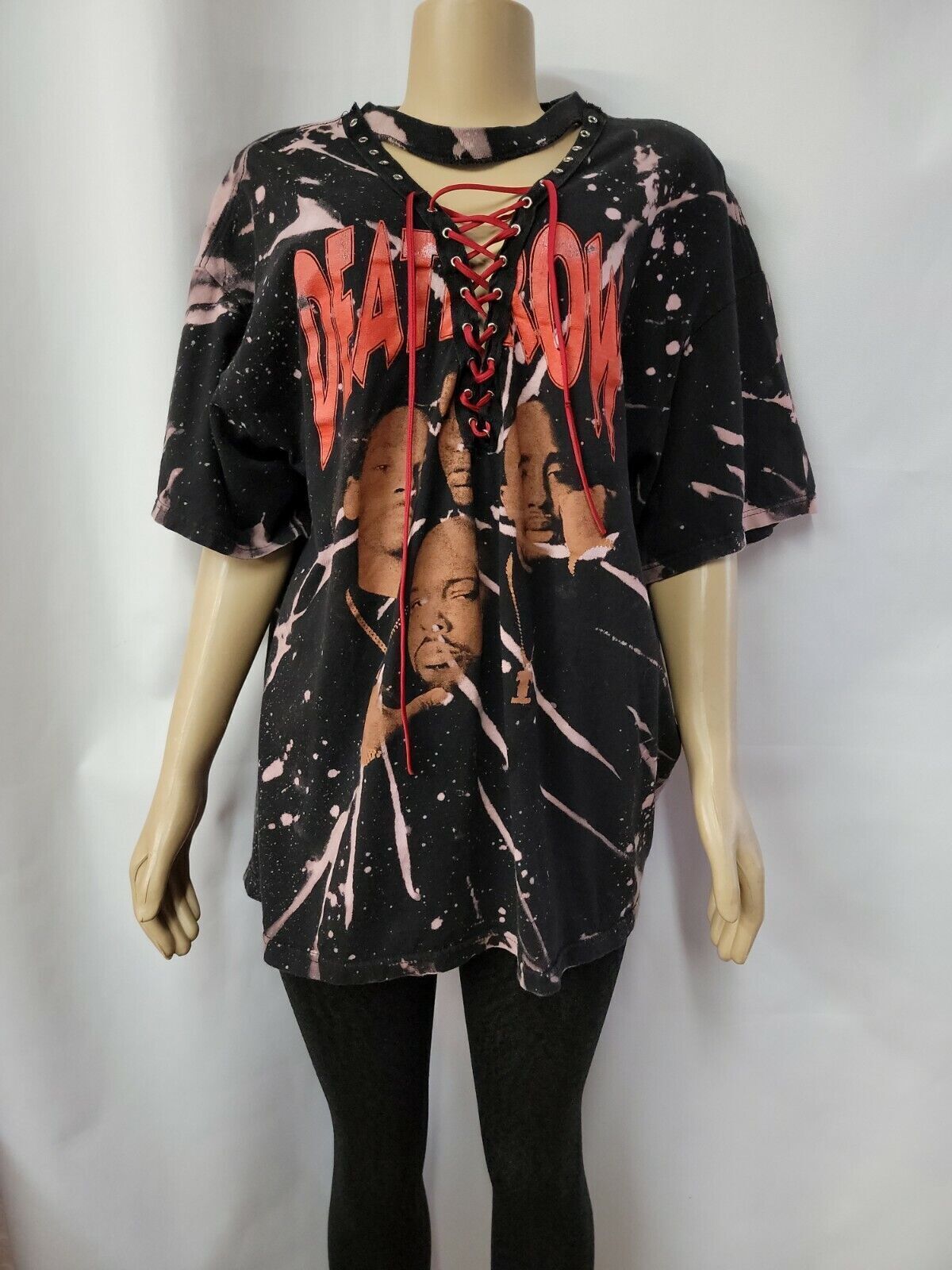 FILA T shirt Distressed Death Row maglietta da donna con lacci hip hop sbiancata XL?#C