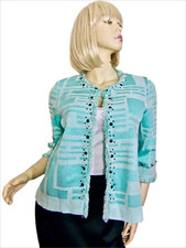 NWT 285 Ming Wang Jacket SMALL Aqua Geo Knit w Sparkling Onyx Studs 3/4 Slvs
