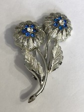 Silver Tone Blue Rhinestone Flower 2" Brooch Pin Jewelry BK-31