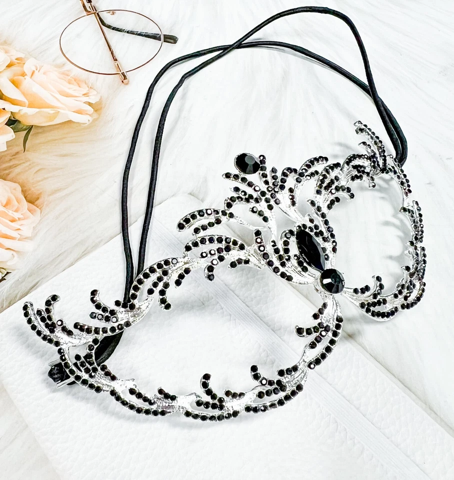 Black Crystal Masquerade Mask, Silver Party Mask, Prom Mask, Renaissance Mask - Image 4 of 4