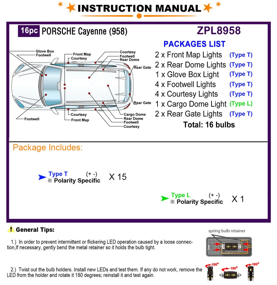 LED 车内灯套件适用于保时捷 Cayenne 958 2011 - 2016 LED 灯泡升级版 — 第 2/4 张图片