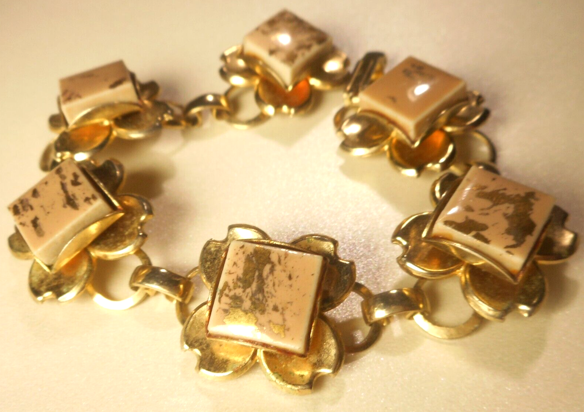 Vtg Goldtone Rose/Gold Glaze Ceramic Square Tile Flower Link Chain