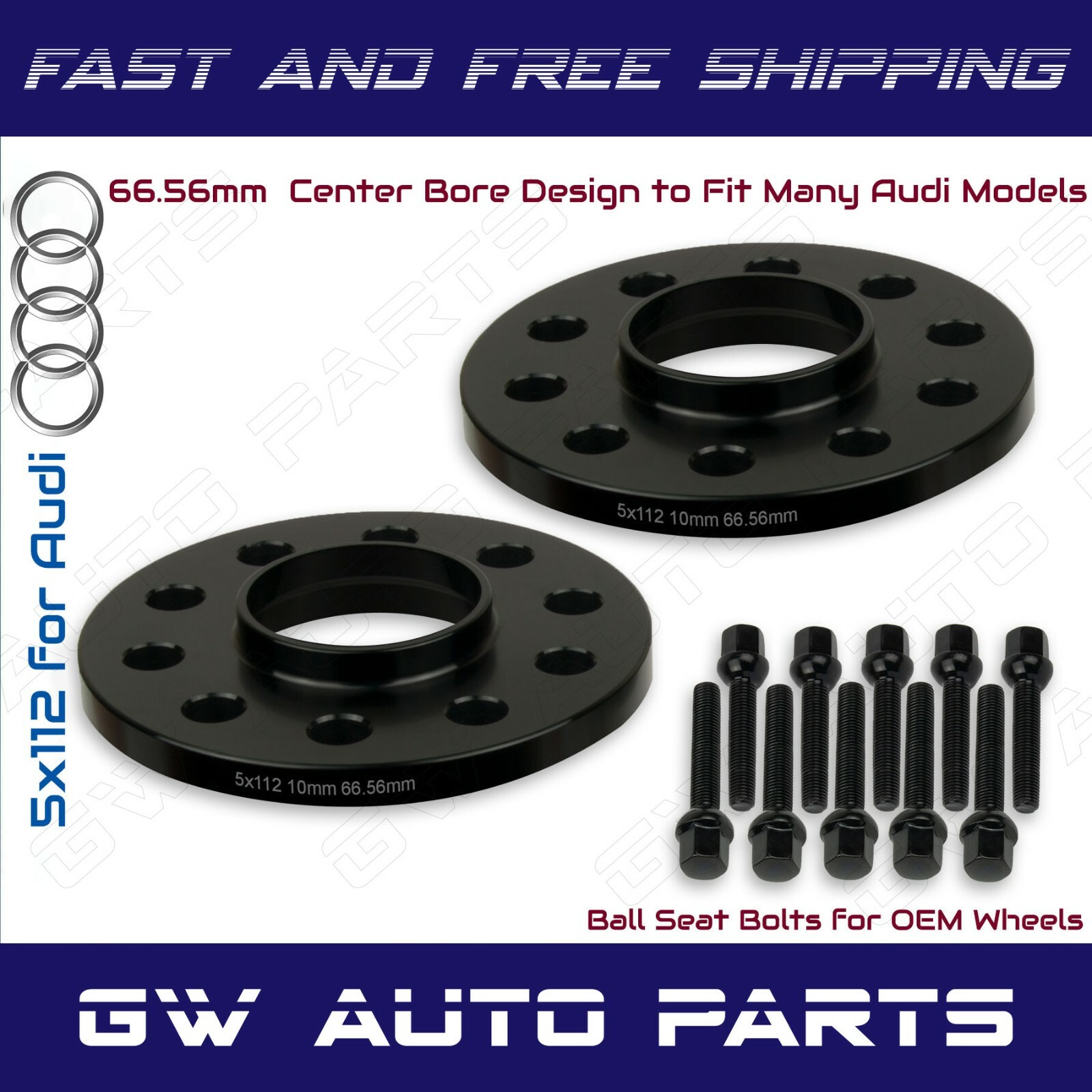 BBS 10mm Spacer Kit Audi/ Mercedes 5x112 CB 66.5 - (1 Spacer & 5 Black Lug Bolts) main image 1