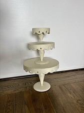 RARE Vintage White Galvanized Steel 3-Tier Cake Stand Pedestal W/ Scalloped Edge