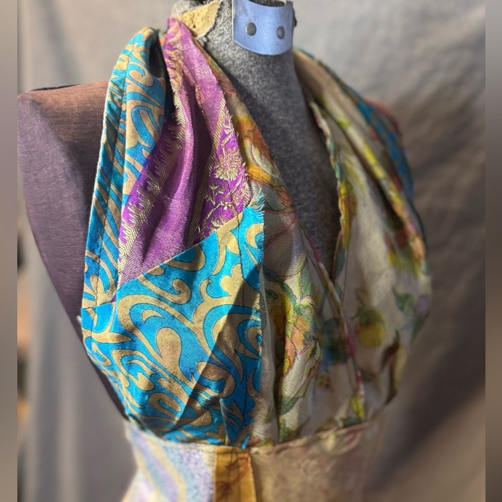 Silk Handmade Multicolor Patchwork Halter Dress XL - image 4