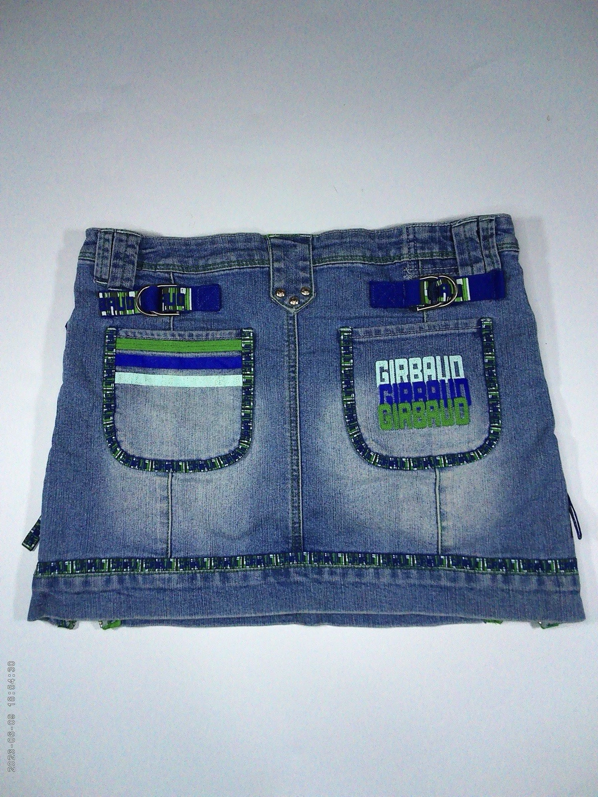Marithe + Francois Girbaud blue denim logo, strap & zip detail short skirt M