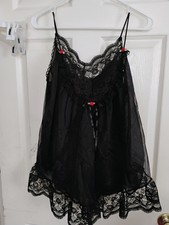 Vintage Val Mode Lingerie M Black Chiffon Lace Slip Nightgown