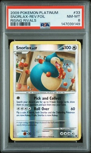 2009 POKEMON PLATINUM RISING RIVALS #33 SNORLAX-REVERSE FOIL PSA 8