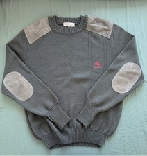 Vintage 90s Burberry Dark Green Heavyweight Pure Wool Sweater   Leather Patches