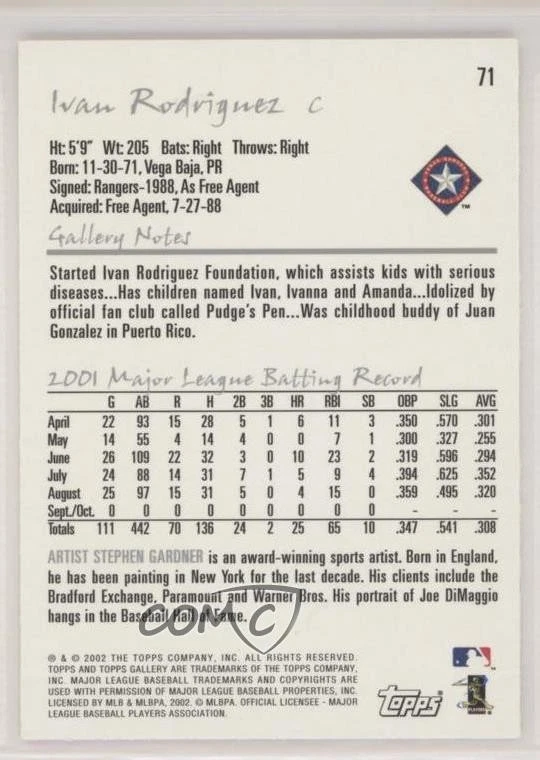 2002 Topps Gallery Ivan Rodriguez (Base) #71 HOF - Image 2 of 2