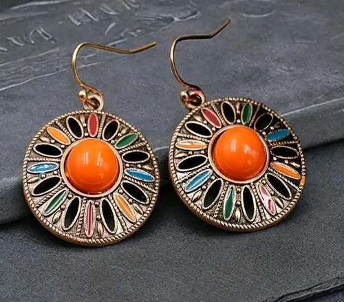 Bohemian multi coloured boho fashion Earrings In gold Plate.drop Dangle - Picture 4 of 7