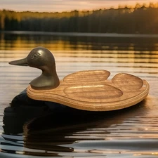 Vintage Solid Brass Duck Head Oak Wood Trinket Desk Tray Caddy 10"x5.5"x4"