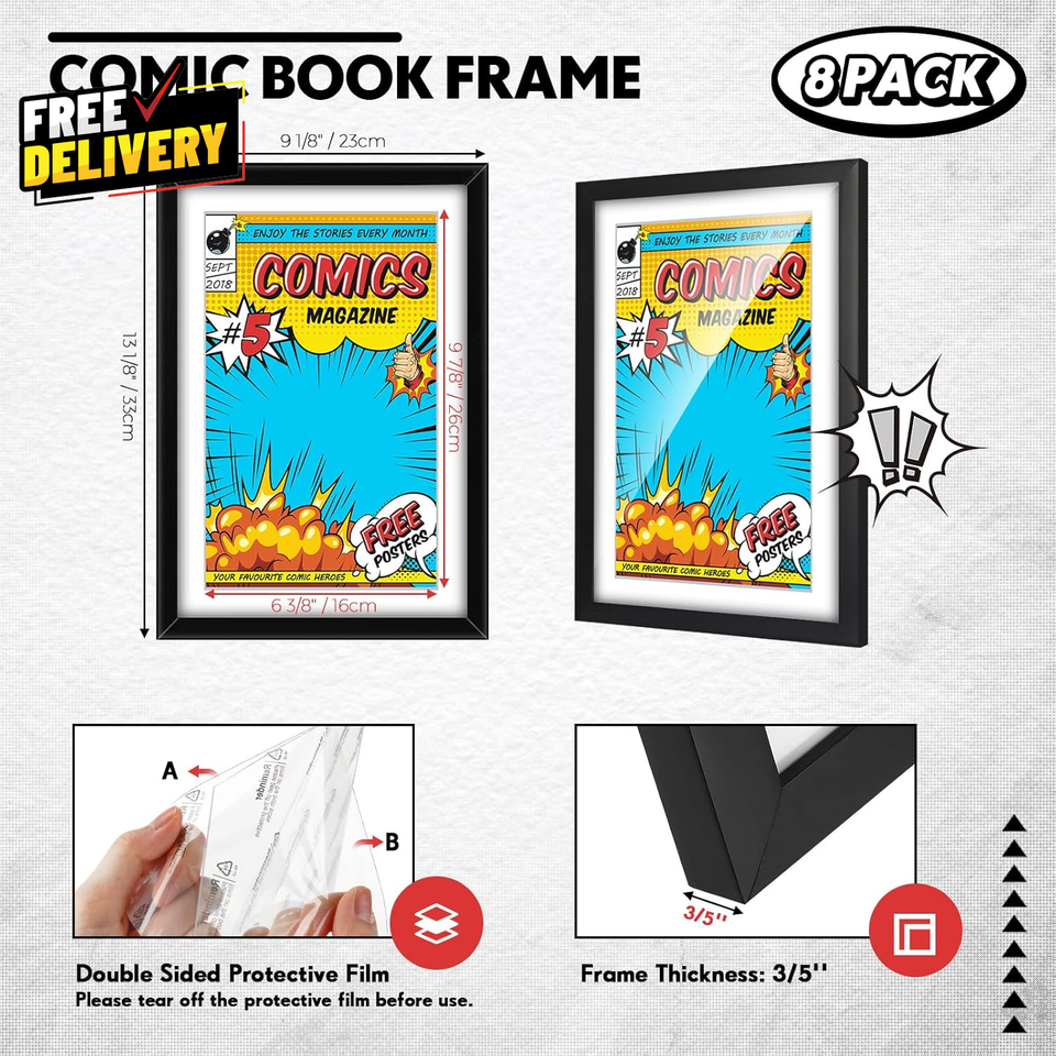 8-Pack Comic Book Frames UV Protection Wall or Tabletop Display Black ...