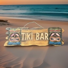 Wood Hand Carved Painted Tiki Bar Two Mask Tropical Wall Sign 21.75  X 5.5  READ