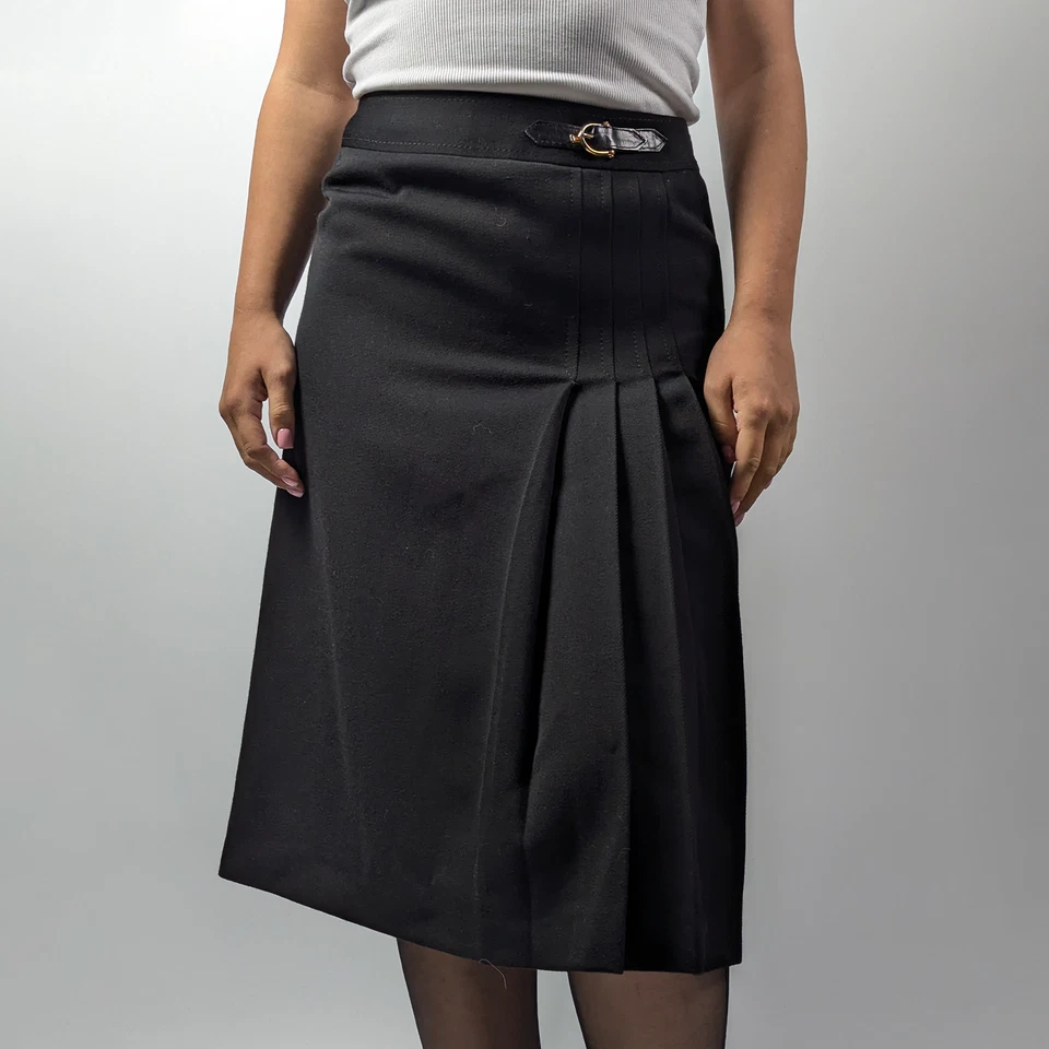 CELINE винтажный 80-х плиссированные золотой пряжки черный шерсти Midi колена юбка FR36/S/US4-6 - Изображение 4 из 4