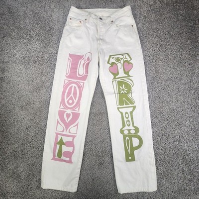 Levis 501 Womens Jeans White W28 L30 Love Trip Straight Leg Premium Denim Hippie