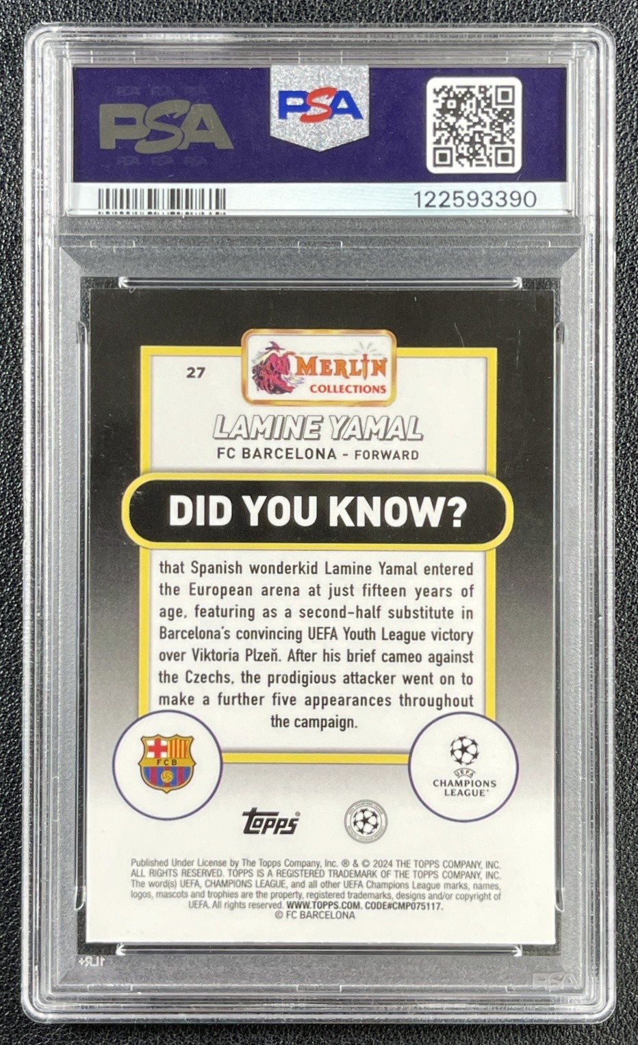 LAMINE YAMAL PSA 10 2023-24 TOPPS CHROME MERLIN UCC #27 ROOKIE RC GEM 3390 view 2
