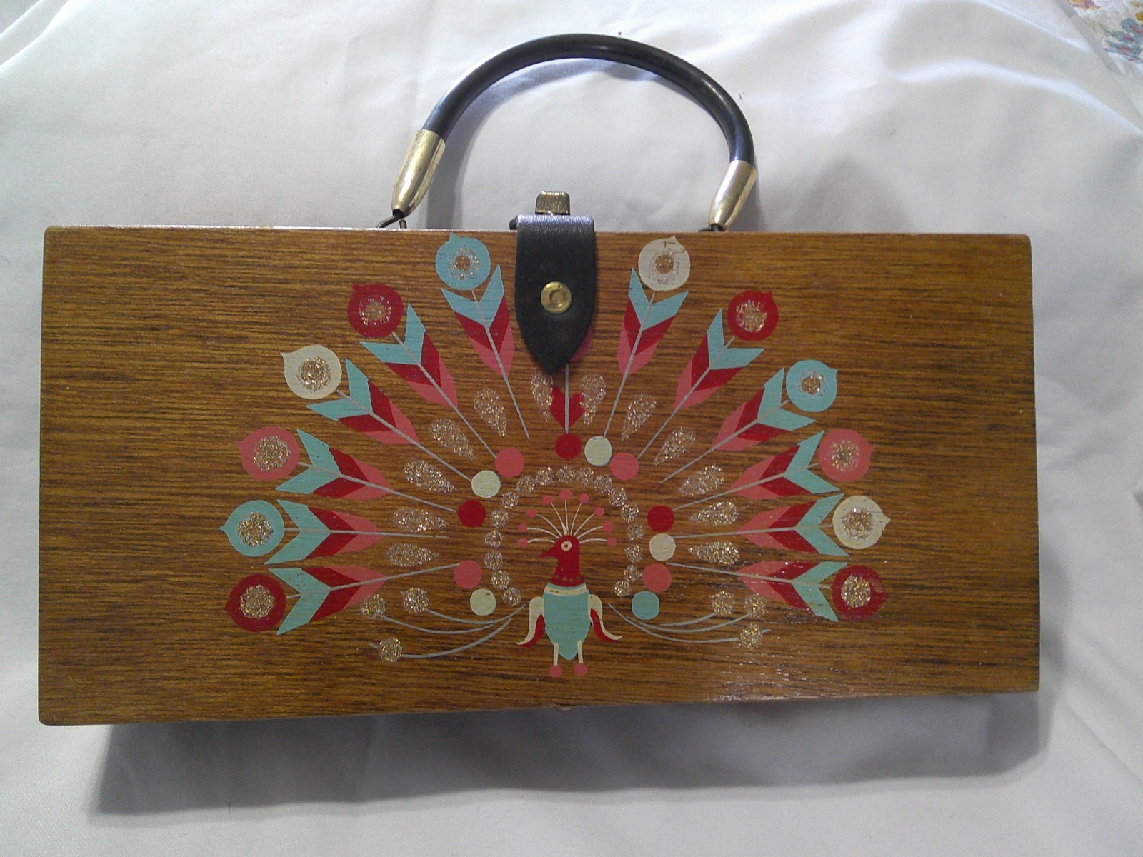Vtg MOD 60's 70's Hand Painted PEACOCK  Wooden Box Purse Handbag Collins Style