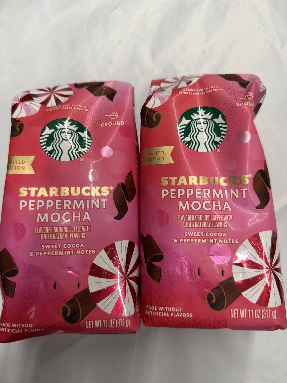 (2) STARBUCKS Coffee PEPPERMINT MOCHA GROUND Bags 11oz BB 5/