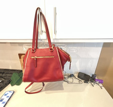 Red Satchel Top Handle Bag Zip Closure Double Handles Detach Strap Gold Med