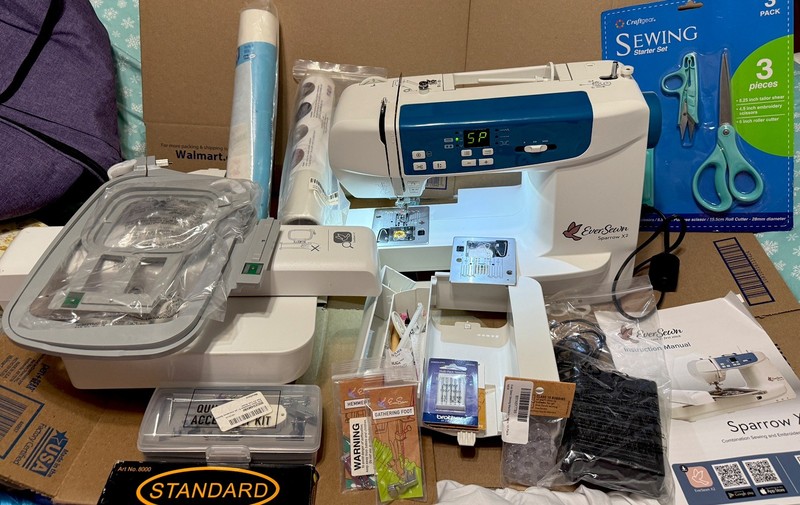 EverSewn Sparrow X2 Sewing & Embroidery Machine with new carry bag, accessories 