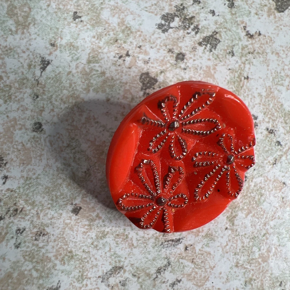 "6 botones de vidrio checo rojo vintage patrón floral brillo dorado vástago retro de 3/4""" Foto 3 de 4