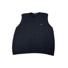 VTG Polo Ralph Lauren Navy Blue Cable Knit Cotton V-Neck Sweater Vest Mens XL