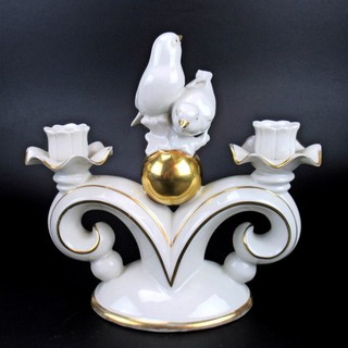 Gerold Porzellan Kerzenständer mit Vogel Figuren Goldkugel Art Deco 1937 1960