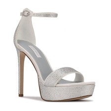 NINE WEST - GOOUT, White satin, rhinestones, 5.25" heel platform sandals, SZ 7.5