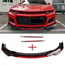 For Chevrolet Camaro Front Bumper Lip Spoiler Splitter + Strut Rods Black Red