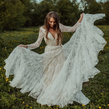 Boho Lace Long Sleeves Wedding Dress Open Back Deep V-Neck Ribbon Tiered Tulle