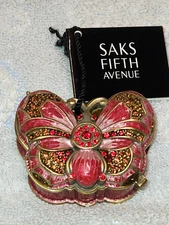 Saks Fifth Avenue Bejeweled Enamel Pink Butterfly 2.5" Hinged Trinket Box