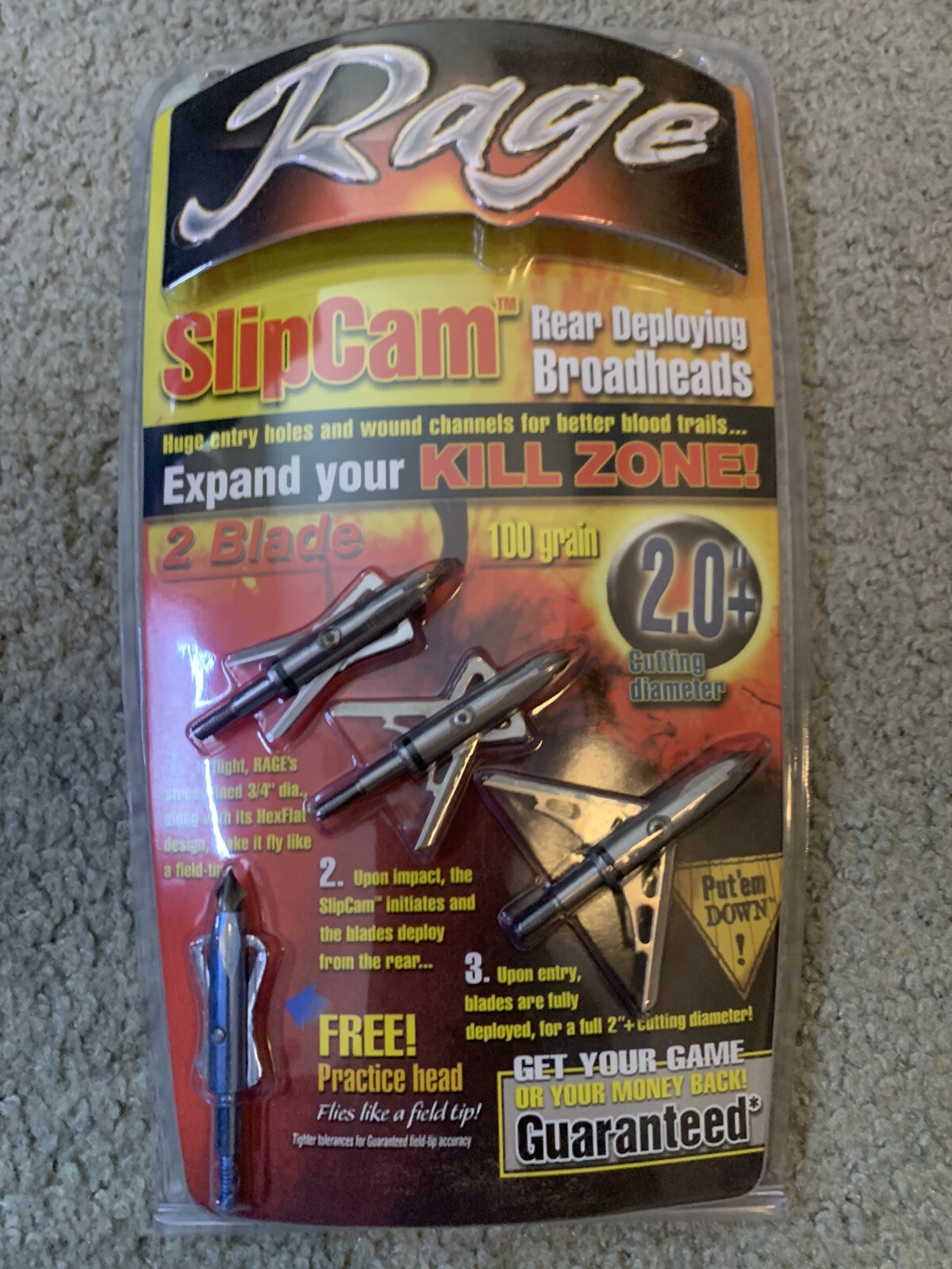 No Collar Original Rage 2-blade 100 Grain 2" Cut Broadheads  O-rings  FREE SHIP