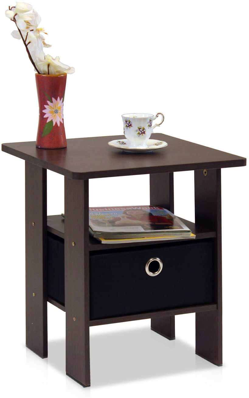 Furinno End Table Bedroom Night Stand w/Bin Drawer, Dark Brown/Black eBay