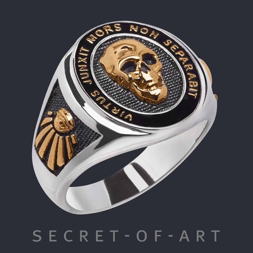 Anello massonico argento 925 placcato oro giallo 750 anello sigillo massonico teschio - Foto 9 di 12