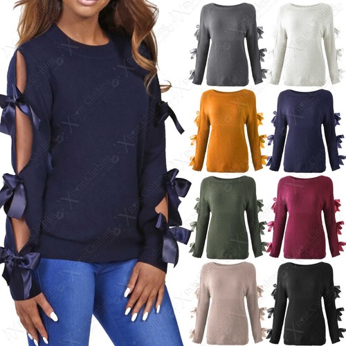 NEW LADIES TIE BOW SLEEVE JUMPER WOMEN 