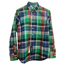 Polo Ralph Lauren Cotton Oxford Long Sleeve Shirt Classic Green Blue Plaid 115