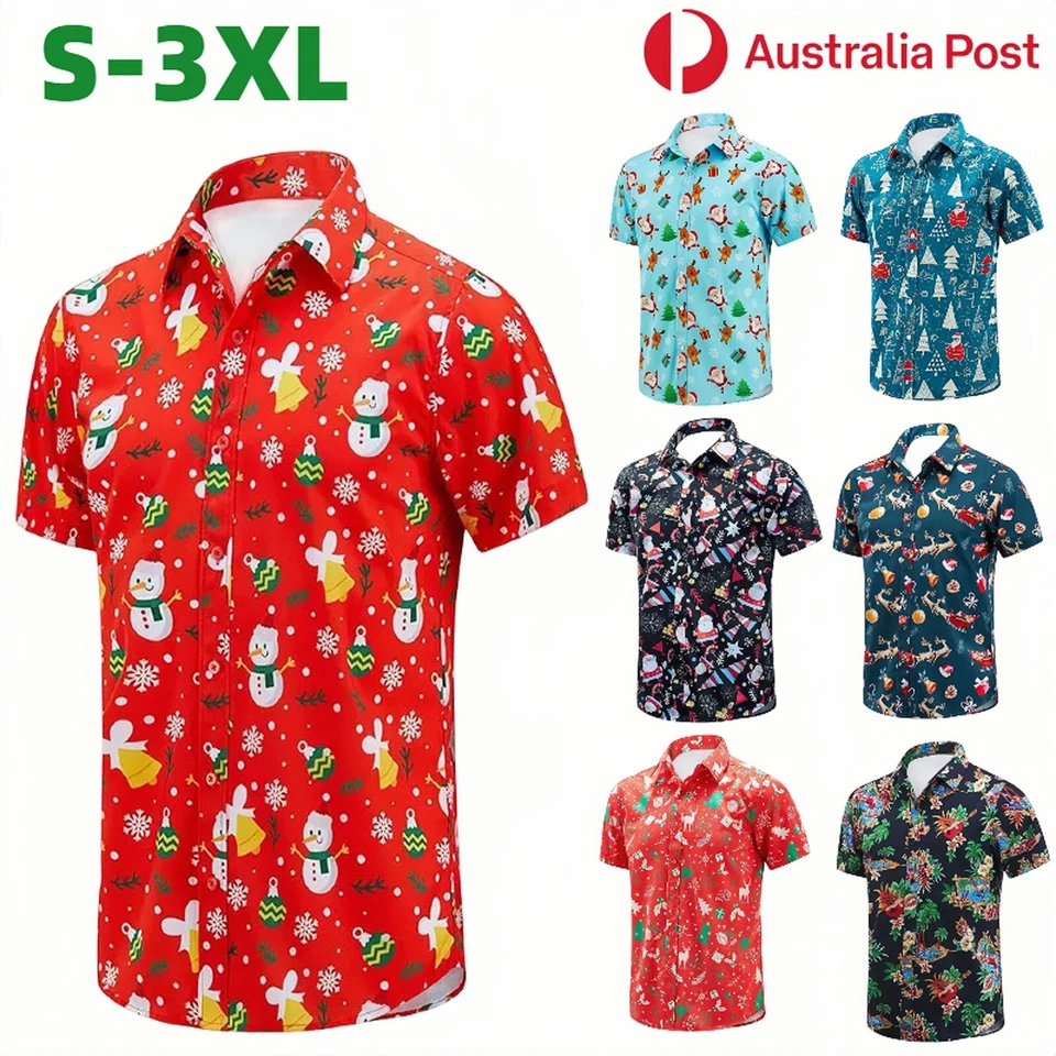 Mens Christmas Shirt Hawaiian Summer Beach Casual Funny Santa Xmas Party Adult