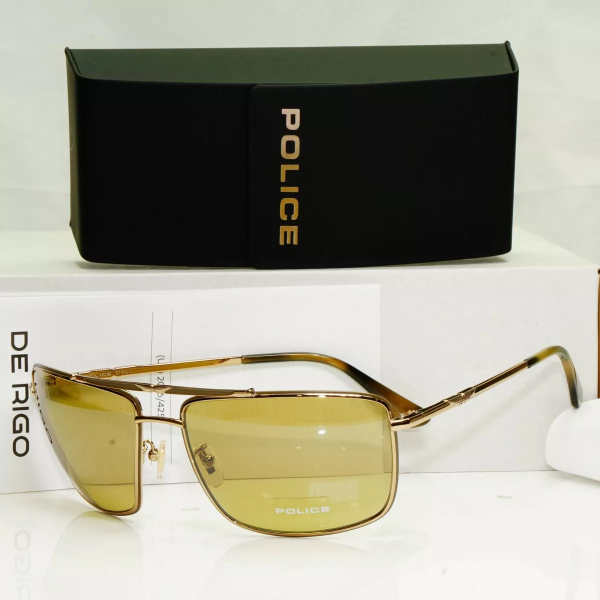 Police Gold Metal Square Pilot Sunglasses Mustard Ochre Lens SPL