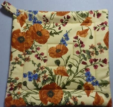 Deluxe Hot Pad/ Pot Holder: POPPIES ON CREAM: Cream/ Orange/ Blue: Quilted