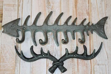 “Wild Harvest” Fish & Antler Set of 2 Wall Hooks Rustic Cabin-style Décor, Free