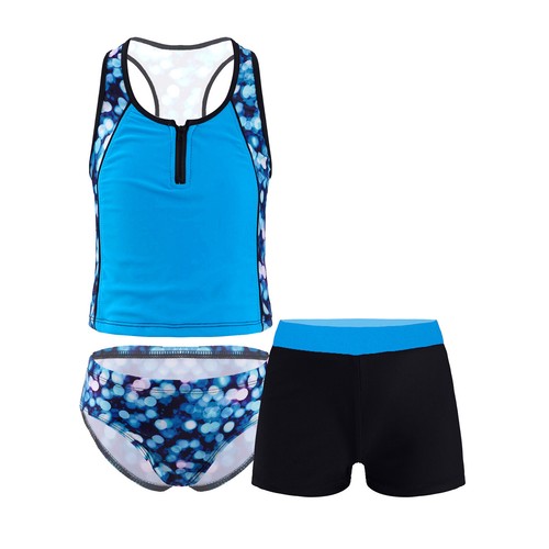 Girls 3Pcs Swimsuit Rash Guard Triangle Bikinis Tankini Sets with Swim Boyshorts - Picture 19 of 36