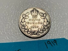 Canada 1919 King George V / 92.5% Silver 10 Cent Coin