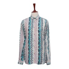 Mens Shirt Button Up Abstract Ivory Blue Red Tribal Ethnic Casual Beach Party XL