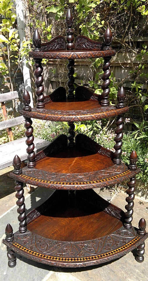 c1850 Antique English Carved Oak Inlaid Corner Wot Not Stand~ 56" tall - Image 3 of 4