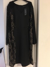 New M&S CURVE Lace Long Sleeve Black Bodycon Midi Dress Size 28