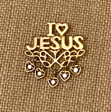 Gold Tone I Love Jesus Lapel Pin Dangle Rhinestone Heart Charms Religious