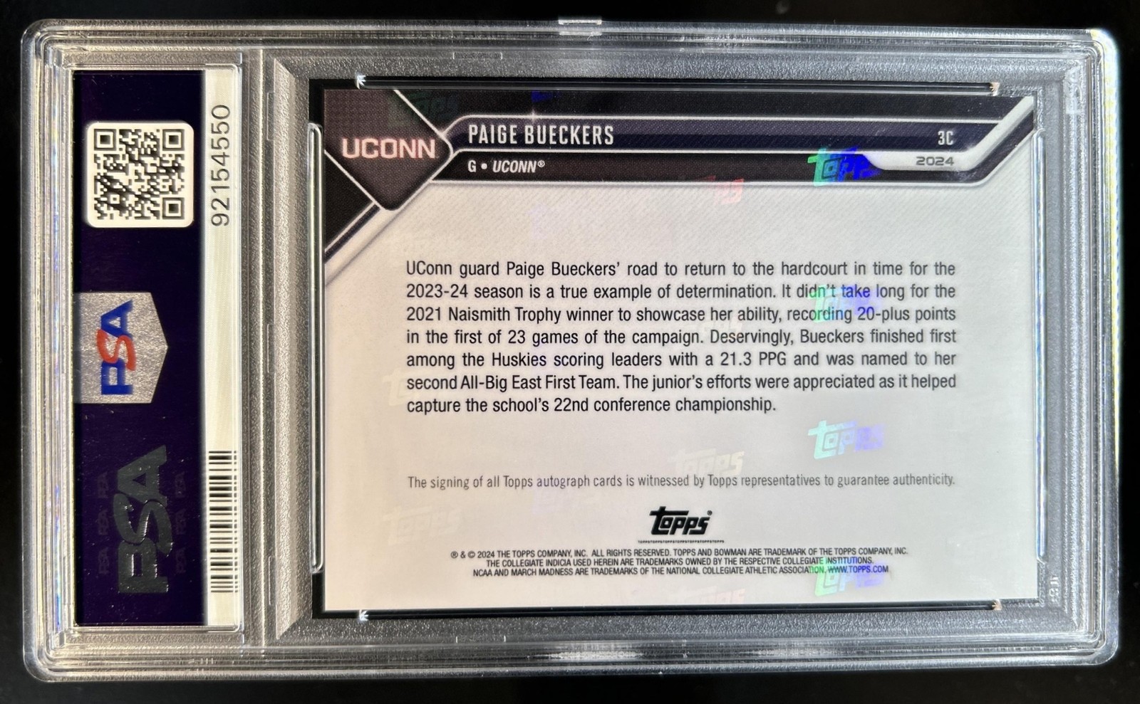 2023 Bowman Now Paige Bueckers March Madness Purple Auto #19/25 PSA 10 GEM MINT view 2